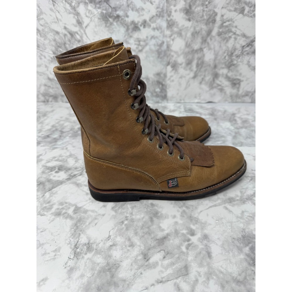 Justin Boots 🦋🤎🦋 Tan Leather Lace Up Kiltie Western festival boots -7 - Picture 4 of 8